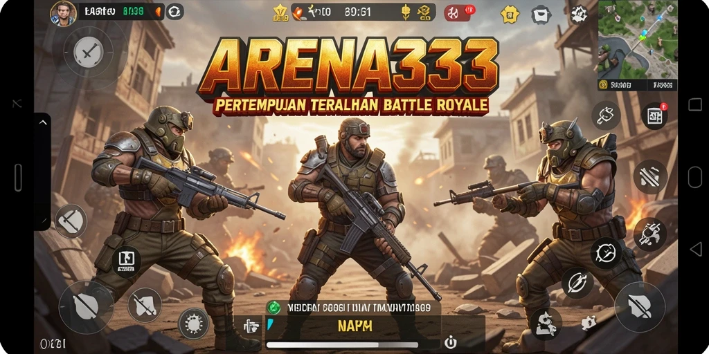 Tangkapan layar utama ARENA333 menampilkan aksi pertarungan Battle Royale yang intens.