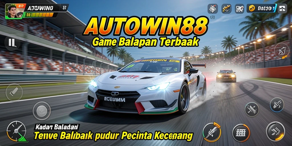Screenshot AUTOWIN88 menampilkan aksi balapan yang mendebarkan dan mobil-mobil cepat.