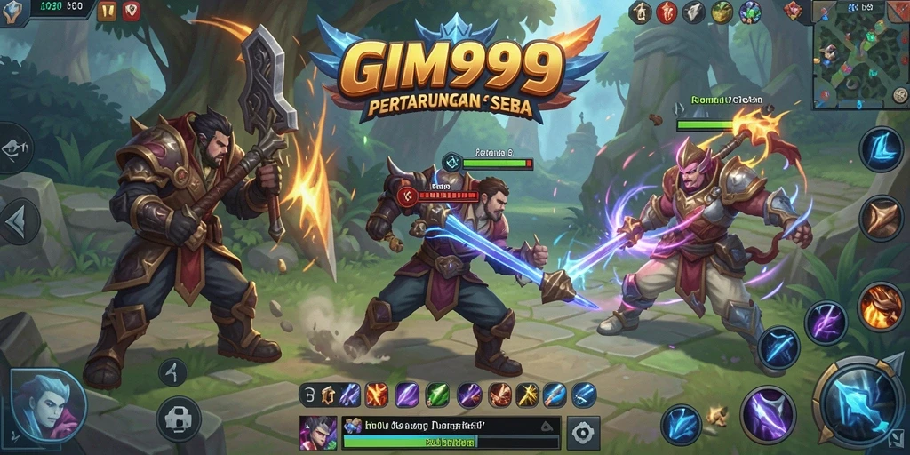Screenshot gameplay GIM999 menampilkan pertarungan seru antar karakter.