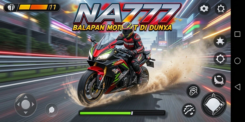 Tampak screenshot gameplay NA777 yang mendebarkan saat balapan motor.