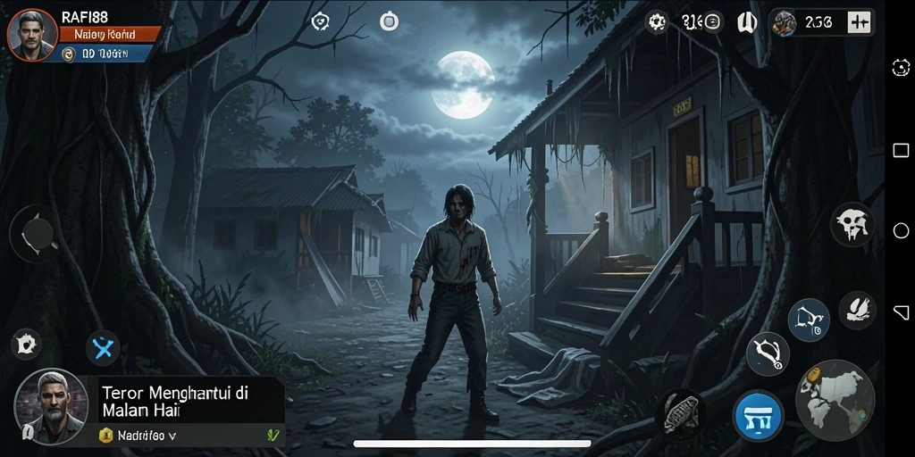 Screenshot gameplay RAFI88 menampilkan suasana mencekam dan elemen horor yang kuat.