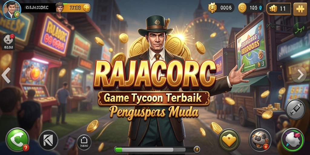 Tampilan gameplay RAJACORC yang menggambarkan manajemen bisnis.