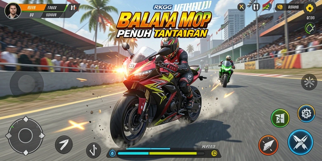 Tangkapan layar RKGG menampilkan balapan motor yang intens dan penuh aksi.