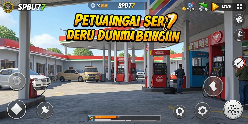 Tangkapan layar utama SPBU77 menampilkan dunia petualangan yang megah dan berwarna.