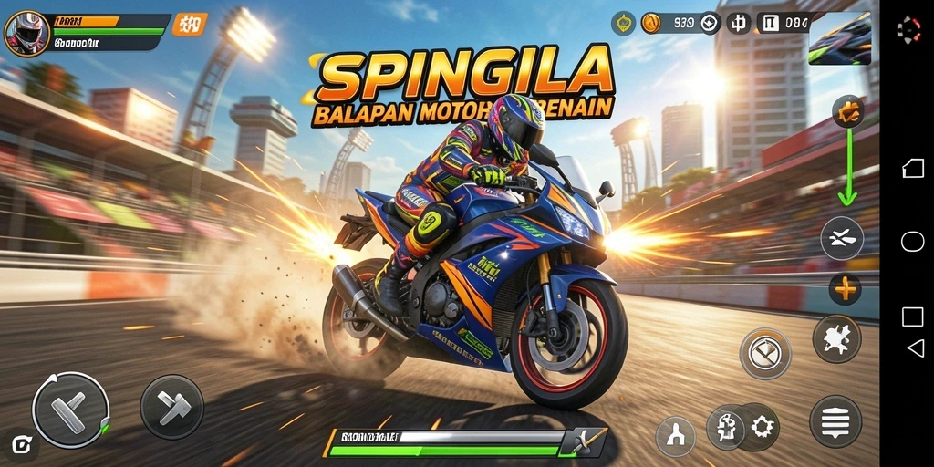 Tampilan gameplay SPINGILA yang mengesankan dalam balapan motor.